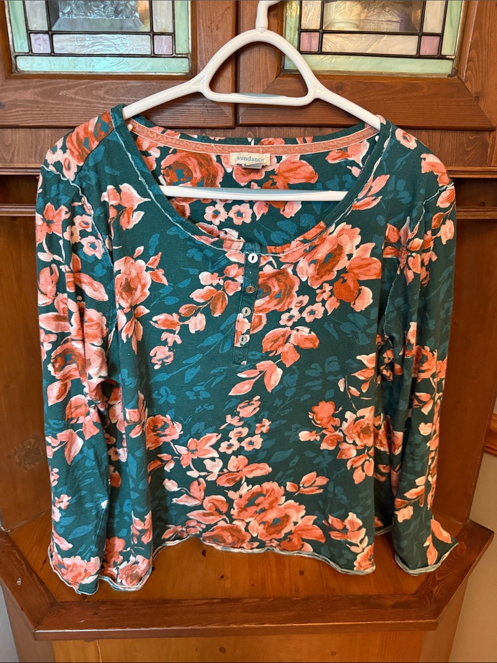 Sundance "Rosey Delights" Floral Cotton Henley Top - Size